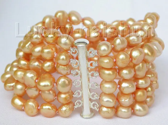 

Fast shipping8" 6row 9mm baroque golden pearls bracelet bangle magnet clasp j8826 (A0502)