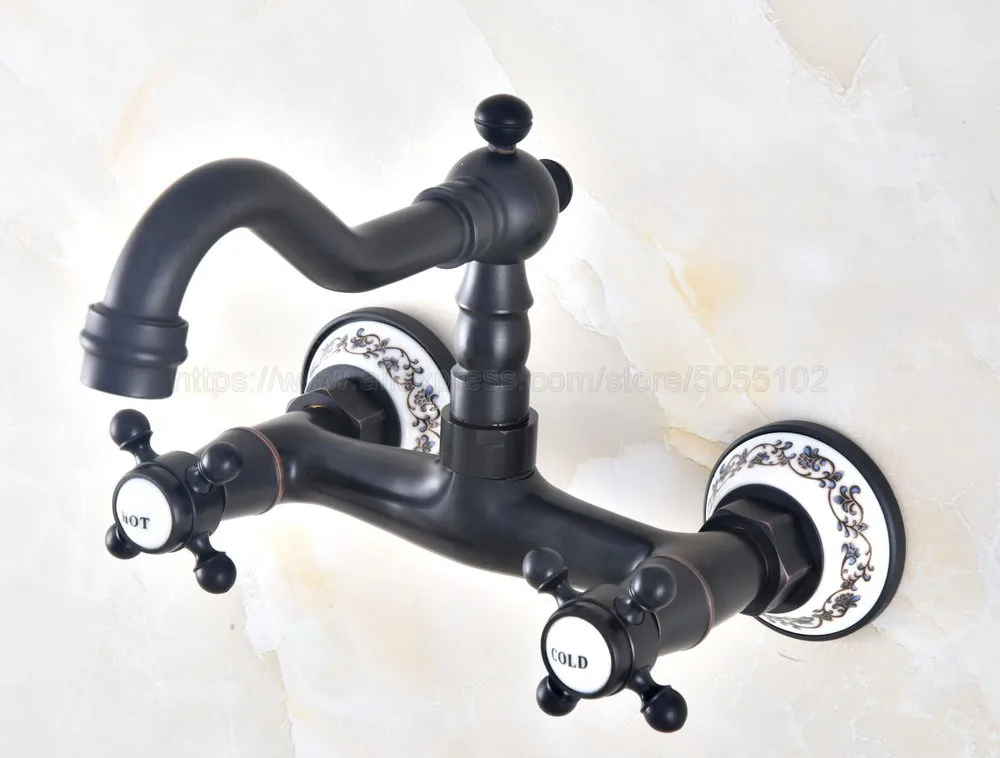 Oil Rubbed Bronze Wall Mounted Bathroom Sink Faucet Swivel Spout Bathtub Mixer Dual Handles znf461