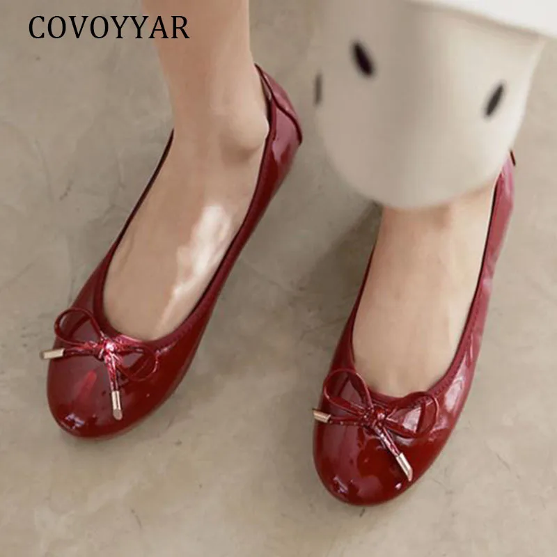 

COVOYYAR 2019 Autumn Soft Bow Women Flats Loafers Casual Shoes Woman Patent Leather Slip On Ladies Ballet Flats Plus Size WFS465