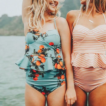 

Women's High Waisted Bikini Set Conservative Striped Printing Lotus Leaf Swimwear Push Up Padded Halter Swimsuit Bathing Suit