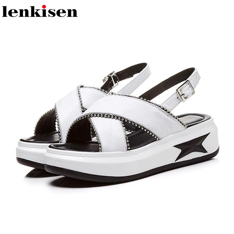 

Lenkisen fashion shoes women open toe British school ankle strap genuine leather rivet wedges med heel diamond women sandals L28