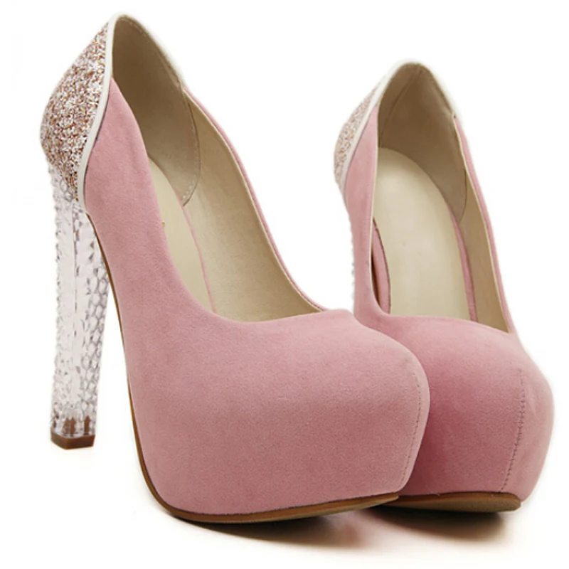 Весенние женские туфли-лодочки на Высоком толстом каблуке с кристаллами; обувь на платформе; женская пикантная обувь для вечеринок; слипоны с круглым носком; zapatos mujer; WSH430