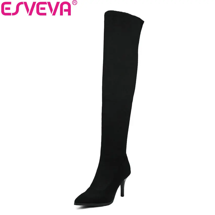 

ESVEVA 2018 Women Boots Slim Look Fashion Warm Fur Over The Knee Boots Elasticity Suede Thin Med Heels Ladies Boots Size 34-43
