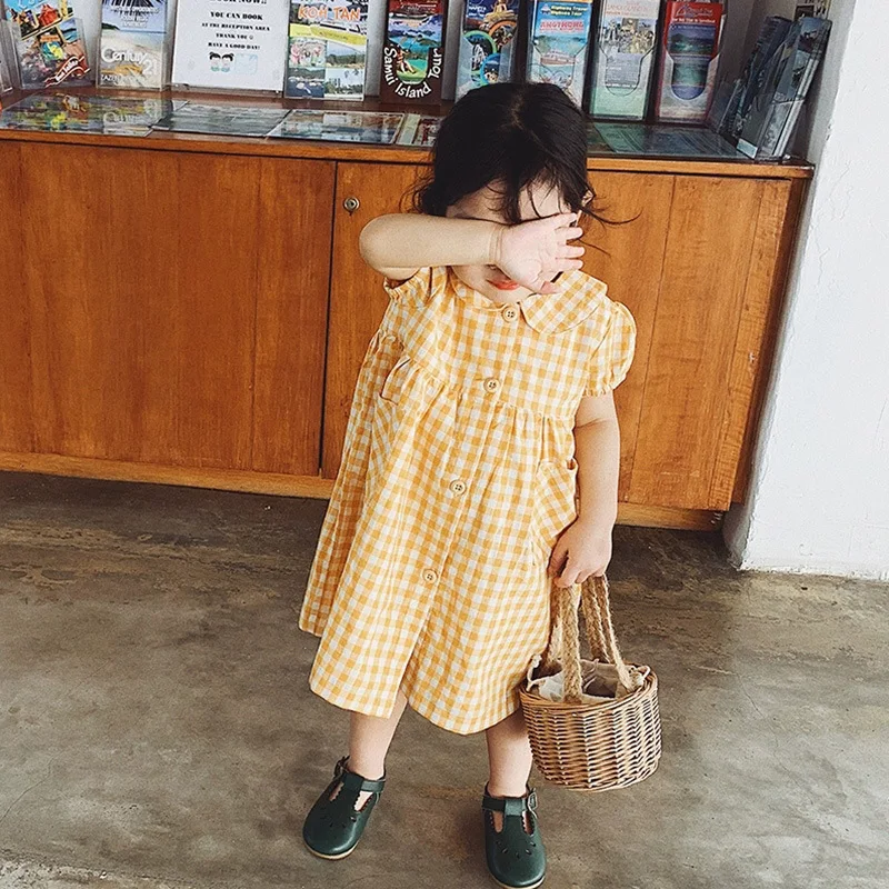

Girls 2019 Children Summer New Grid Short Sleeve Doll Collar Dress Children Loose Leisure Dress Kids Clothing