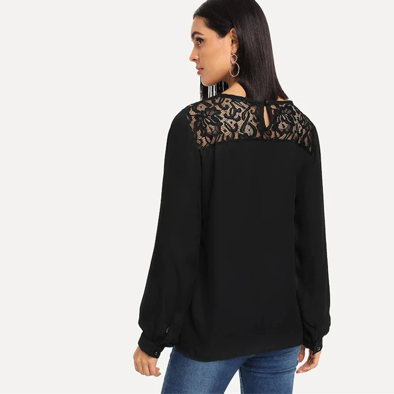 2019 Women Casual Tops Chiffon Long Sleeve Blouse Ladies Loose Shirts Female Blusas Sexy Lace Mesh Shirt Patchwork Embroidery