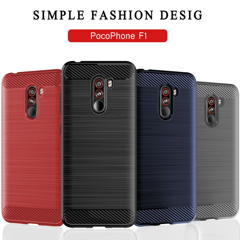 

For Xiaomi Pocophone F1 Case Brushed Carbon Fiber Pattern Silicone Mobile Phone Back Protective Cover Anti-fall Soft Shell Coque