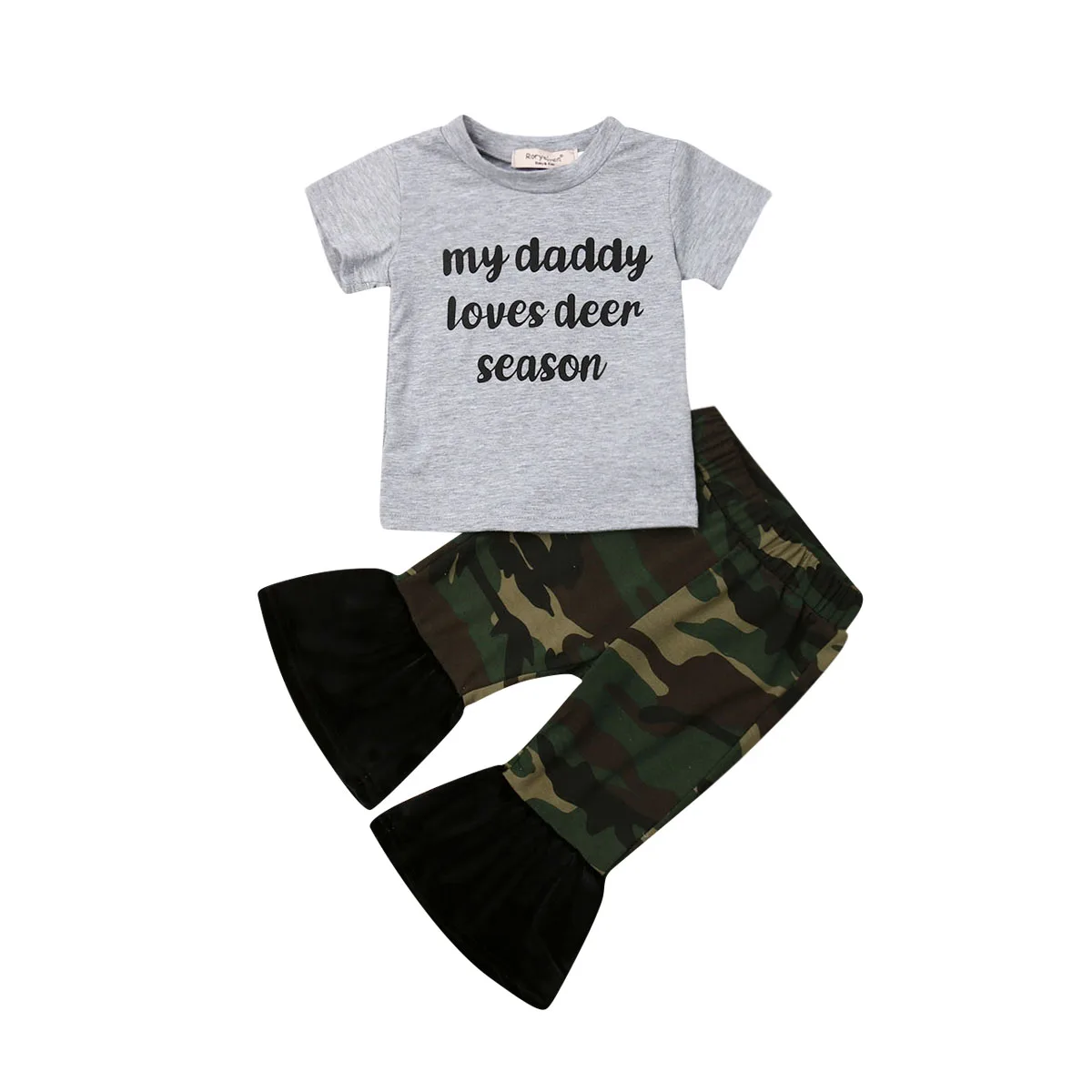 

0-24M New Toddler Kids Baby Girls Summer Outfits Short Sleeve Letter Print T-Shirt + Camo Flare Trousers Clothes Set 2Pcs