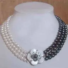 Очень хорошо 3row белый и черный Пресной Воды жемчужное ожерелье оболочки цветок застежка ПРИРОДНЫЙ гальваническим