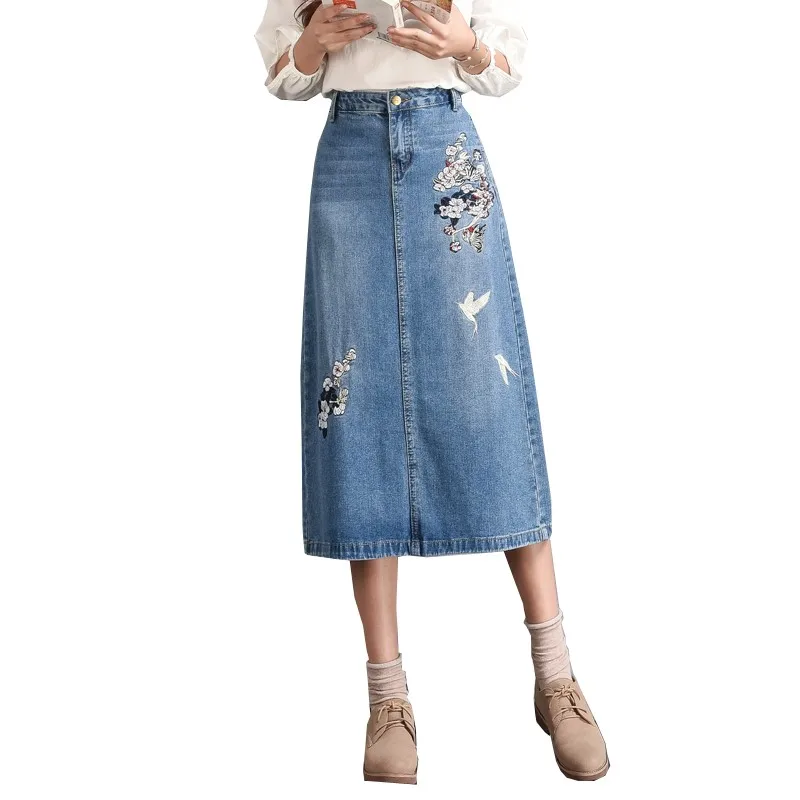 Casual skirts for women plus size embroidery knee length empire cotton blend denim skirts female
