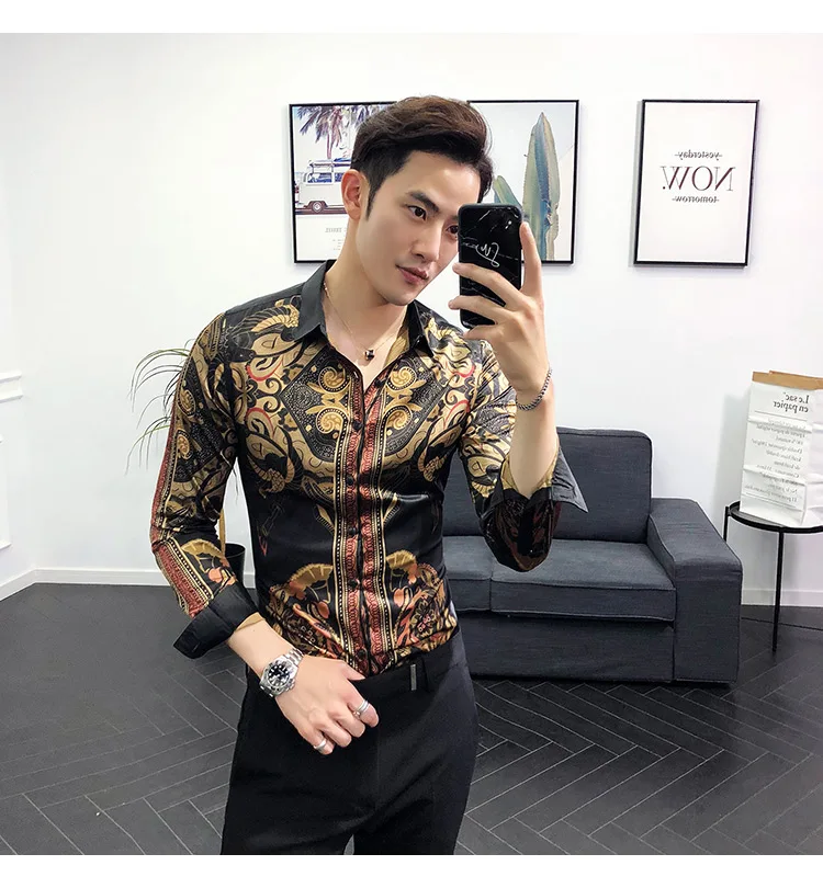 Роскошный золотистый и черный рубашка Для мужчин 2019 Новые Slim Fit с длинным рукавом Повседневное социальных Мужской клуб Пром Тотем печати