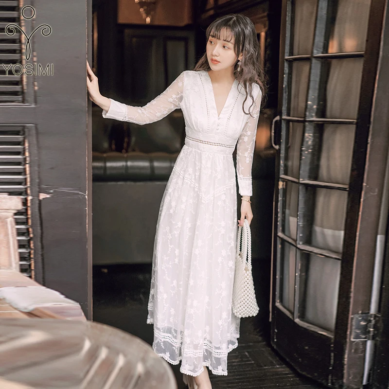 

YOSIMI 2019 Summer Long Dress Maxi Lace Hollow Out Vintage V-neck White Women Dress Tunic Slim Fairy Female Vestido Ankle-Length