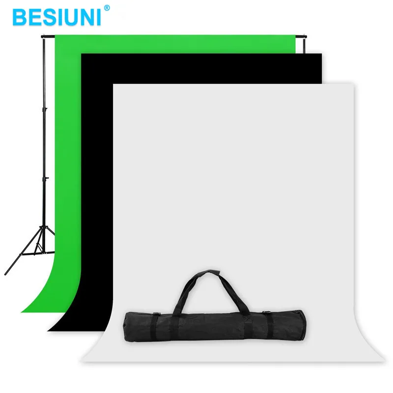 

BESIUNI Photo Studio Screen 1.6x3m Black White Green Backdrop Stand Kit 1 x2M*2M Background Stand +3x Background fabrics