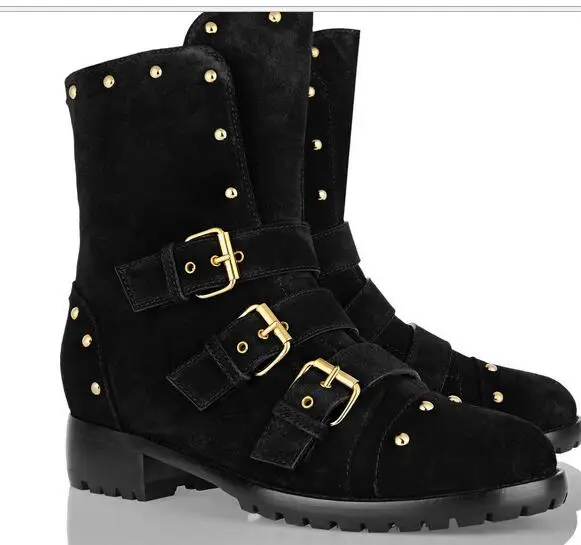 

Fashion women ankle boots round toe med chunky heels gold buckle&rivet decoration women Autumn boots dress studded shoes black