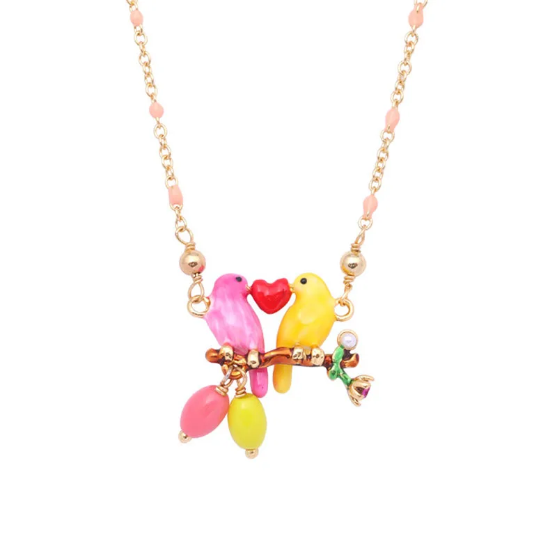 

Enamel Glaze Lovebirds Heart Branch Pendant Necklace For Women Simple Lovely Pink Yellow Birds Necklaces
