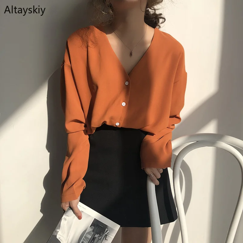 

Shirts Women V-Neck Printed Single Breasted Solid Simple All-match Soft Trendy Shirt Womens Elegant Ladies Sweet Chiffon Tops