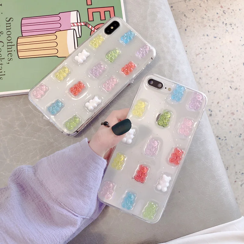 

For iPhone x Case Cute 3D Gummy Bear Candy Color Soft Cases For iPhone X 6 6S 7 8 Plus XS Max XR Glitter TPU Cover Female funda