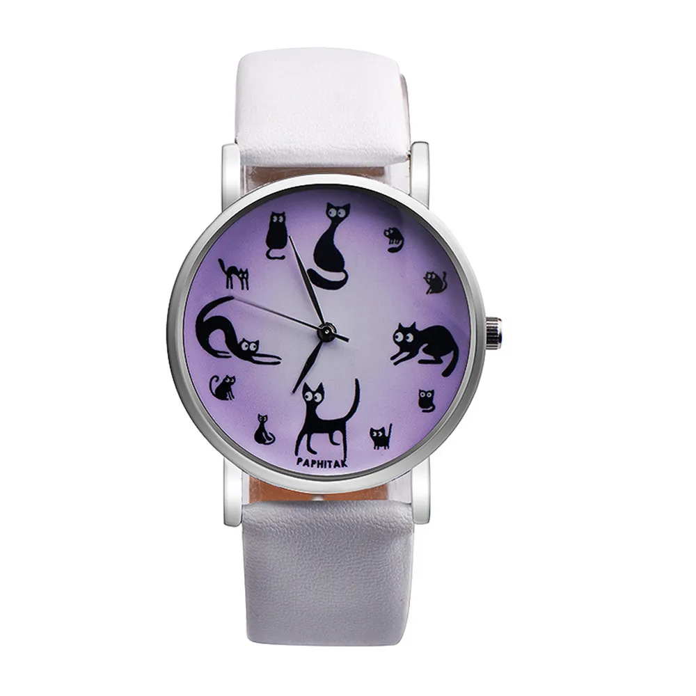 Small Fresh Classic Fashion Leather Women Quartz Wristwatch Simple Cute Cat Printing Dial Casual Ladies Watch Clock Reloj 533