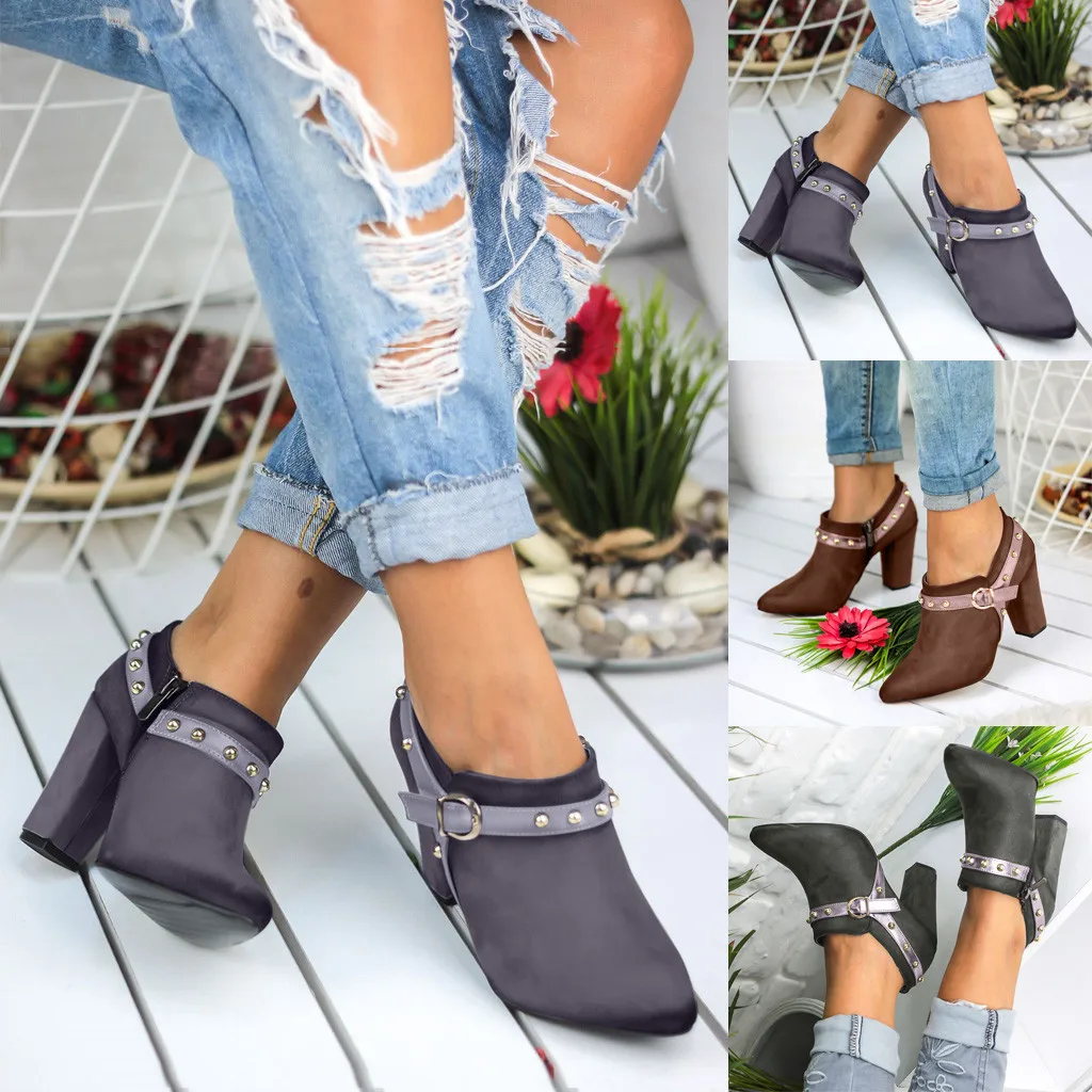 

2019 Brand New Hot Style Fashion Women Party Wedding Sexy Rivet Buckle Heel Autumn Shoes Boots Ankle Boot zapatos de mujer