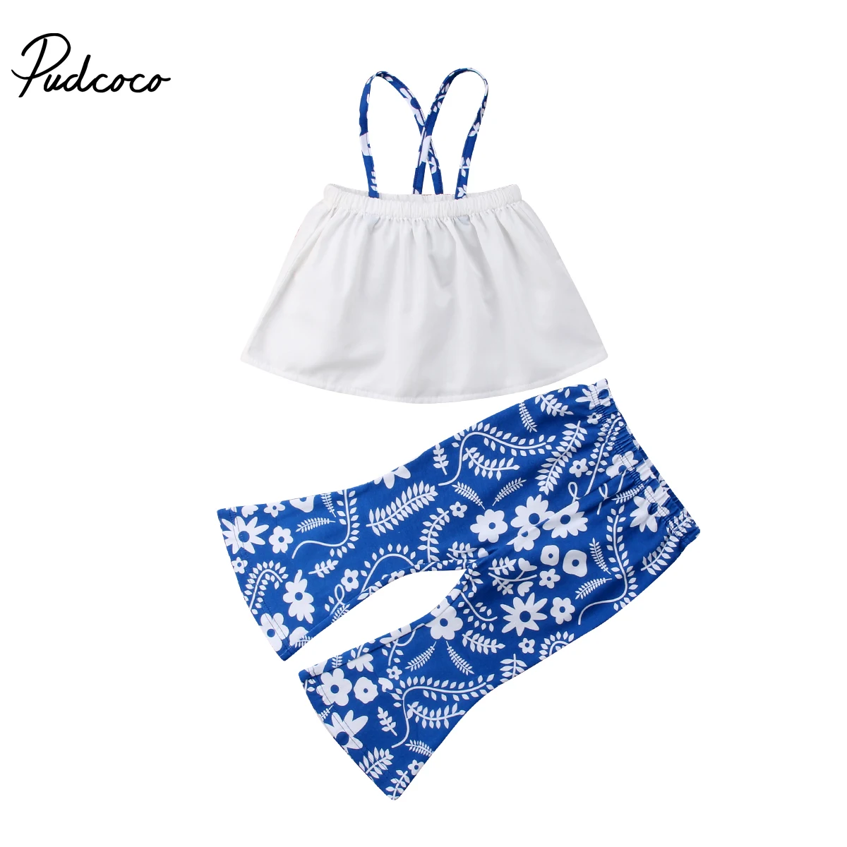 

2Pcs Toddler Baby Girl Outfits White Bandge Sleeveless Tops+Blue Floral Flare Bell-Bottoms Pant 2Pcs Summer Clothes Sets 3-8Y