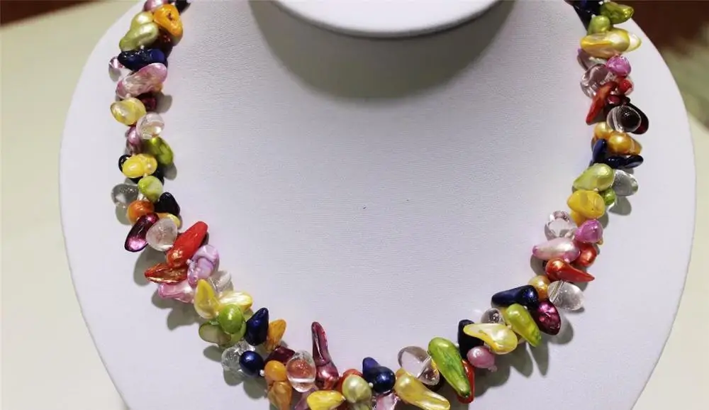 

multi colors teeth freshwater pearls and crystals necklace 2strands 8x17mm N109#