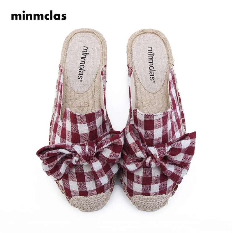

MInmclas Lattice Slippers Bow Flower Comfortable Ladies Womens Casual Espadrilles Shoes Breathable Flax Hemp Canvas Girls Lovely