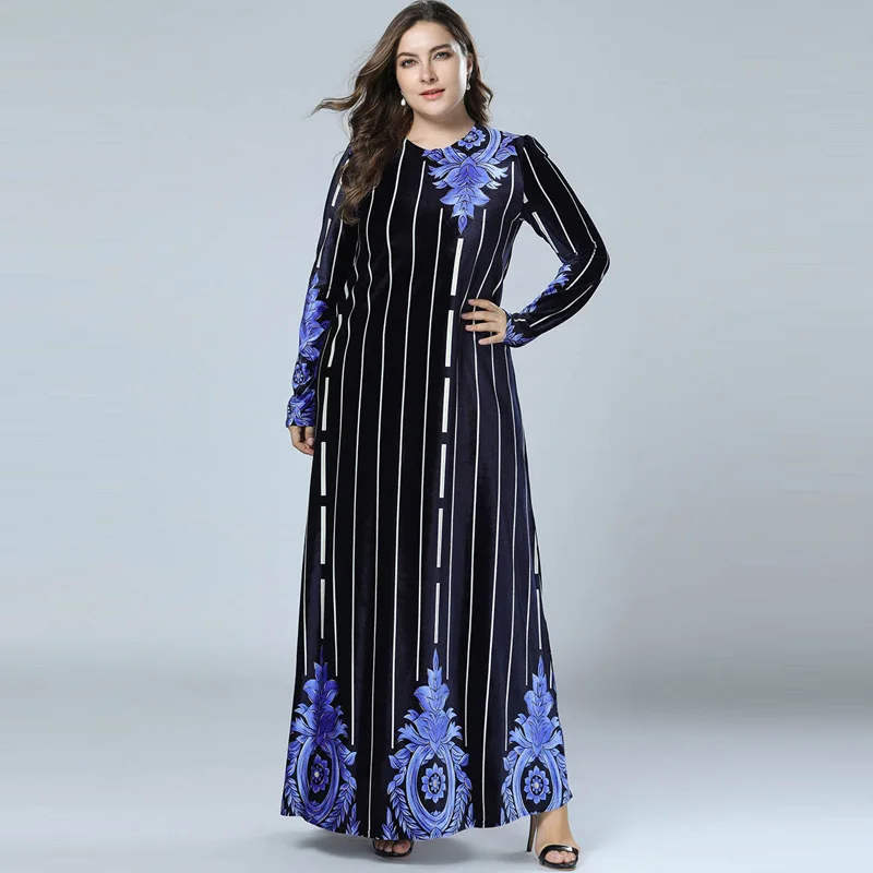 2018 плюс размеры для женщин зимние Бархатные макси платья в цветочную полоску с длинным рукавом мусульманское платье Дубай Абая черн