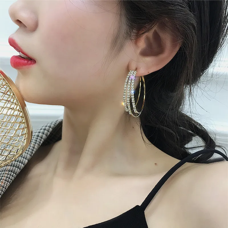 

SHIFEEL 2018 New 925 sterling Silver Rhinestone Big Circle Three-layer Ear Ring Hoop Earrings Temperament Pendientes For Women