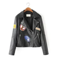Весна и лето Новая повседневная с отворотом на молнии вышитая искусственная кожа мотоциклетная кожаная одежда женская однотонная тонкая куртка
