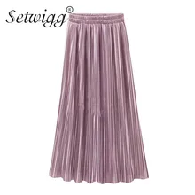 SETWIGG Осенняя мягкая металлическая длинная узкая плиссированная юбка с эластичным поясом, Высокая атласная трапециевидная плиссированная подкладка ниже Юбки До Колена SG2818