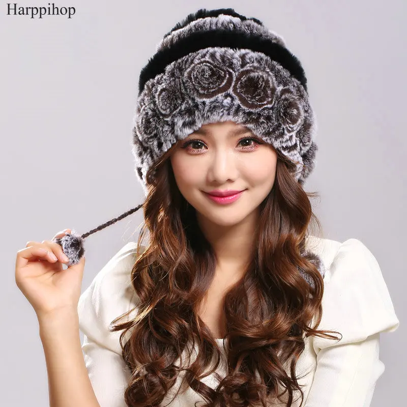 Harppihop Fur Real Rabbit Fur Hat With Genuine Fox Fur Ball Beanies Stripe Cap 2017 Winter