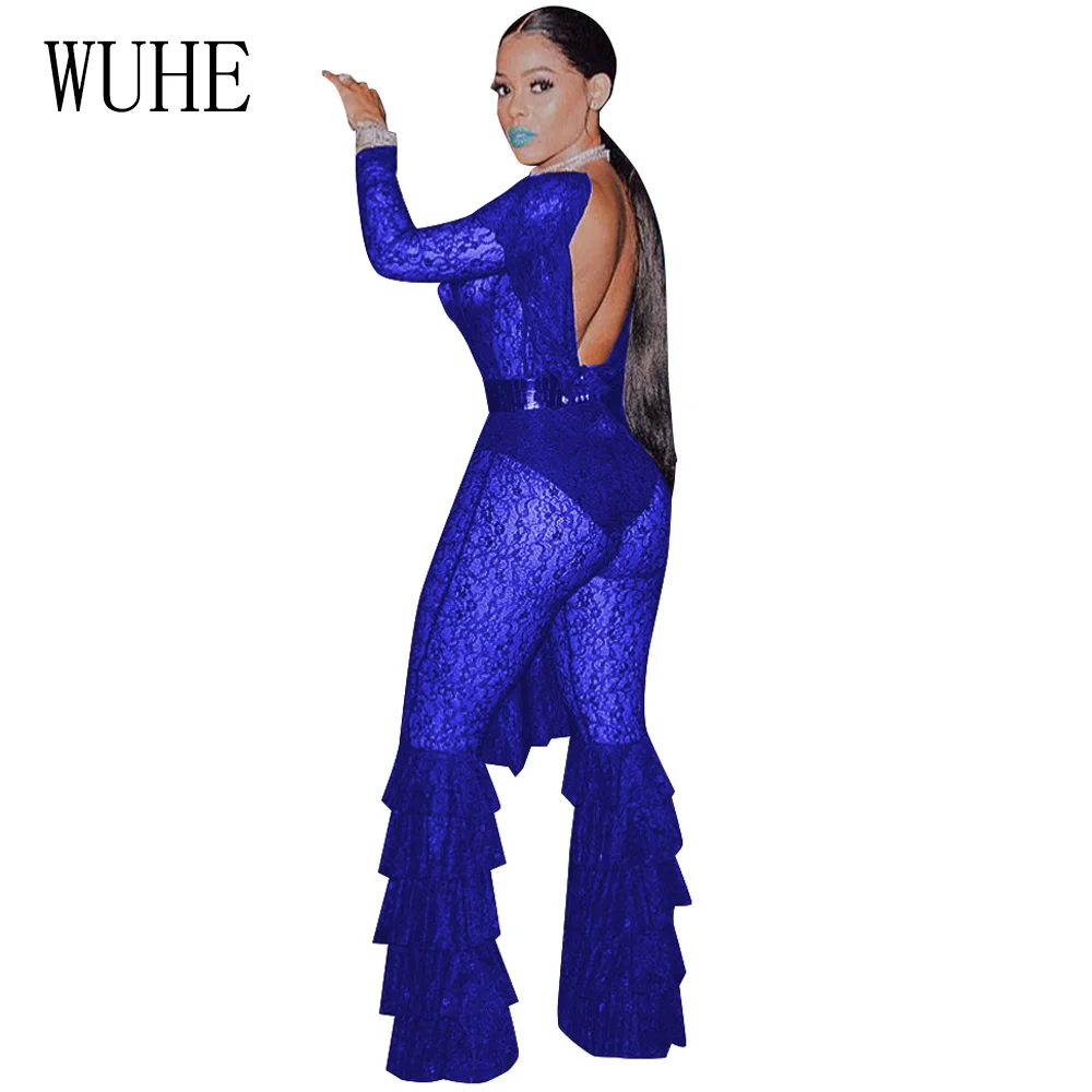 WUHE Women Sheer Long Sleeve Lace Jumpsuit Sexy See Through Multilayer Ruffles Bodycon Rompers Night Club Party Overalls