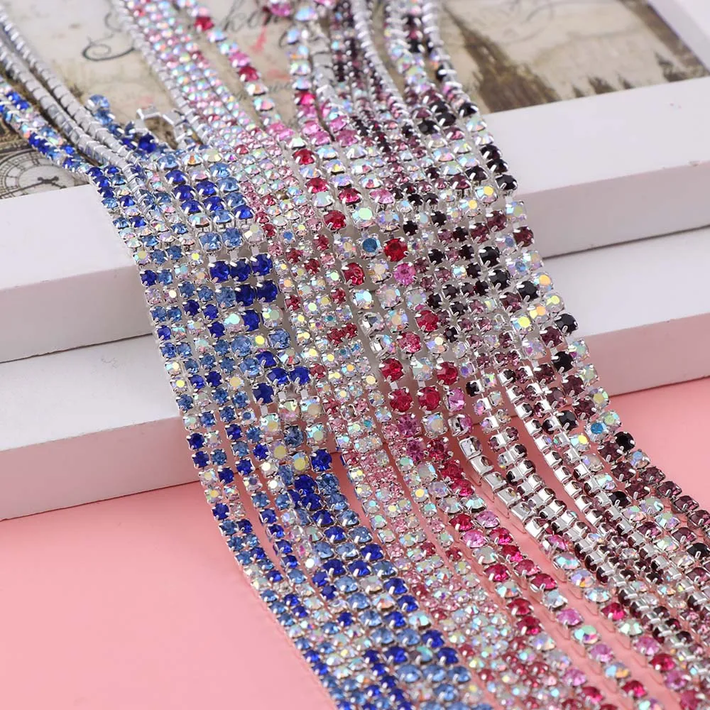 

3.6/5 Meters SS6/SS12 Silver Base With Gradient Color Rhinestone Nail Stone Chain Punk Style For DIY Nail Art Decoration