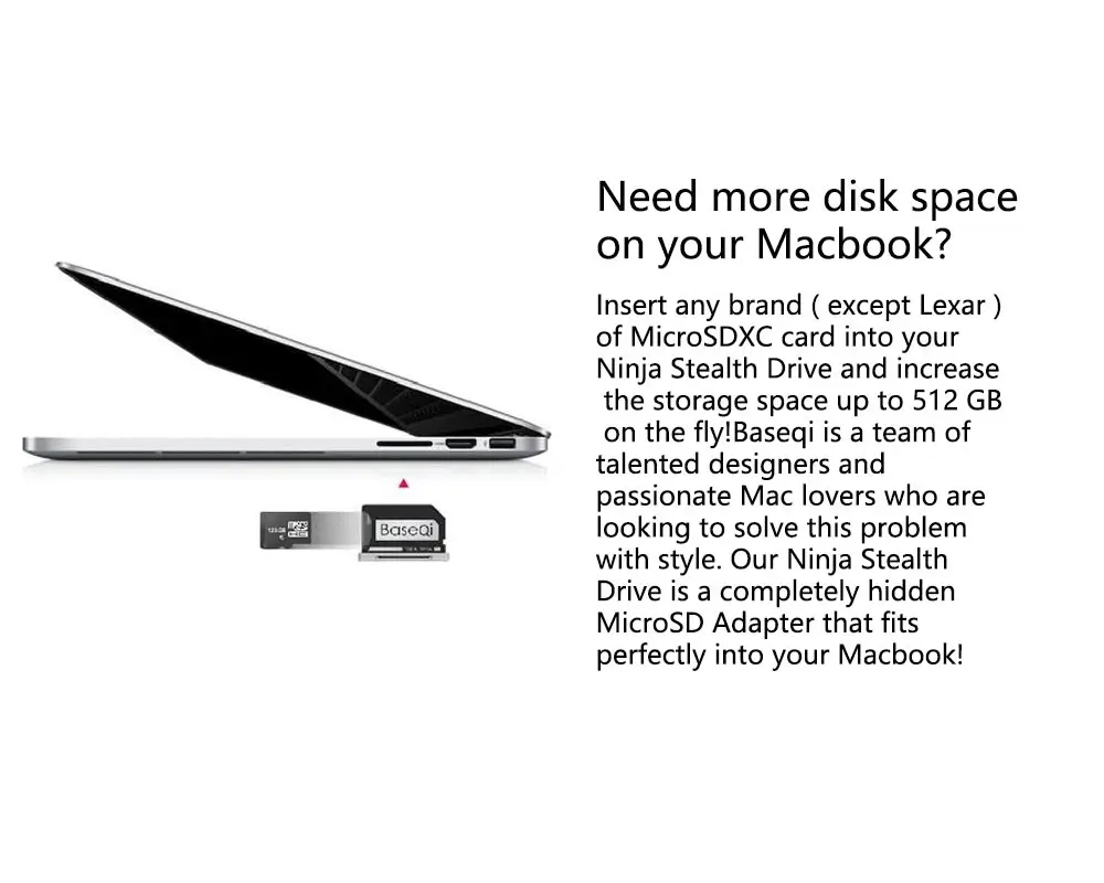 BASEQI Алюминиевый адаптер microSD металлический TF кард-ридер для MacBook Air 1" и MacBook Pro 2009 2010 2011 2012 13"/1" Non-retina