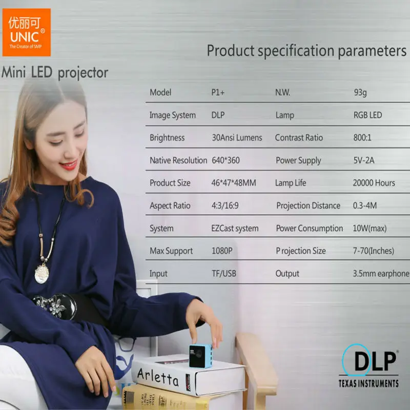 UNIC P1+Wifi Mini Projector Wifi Built-in Battery with TF slot 3.5mm Earphone Home Theater Cinema Pico Portable video beamer UNIC P1+Wifi Mini Projector Wifi Built-in Battery with TF slot 3.5mm Earphone Home Theater Cinema Pico Portable video beamer