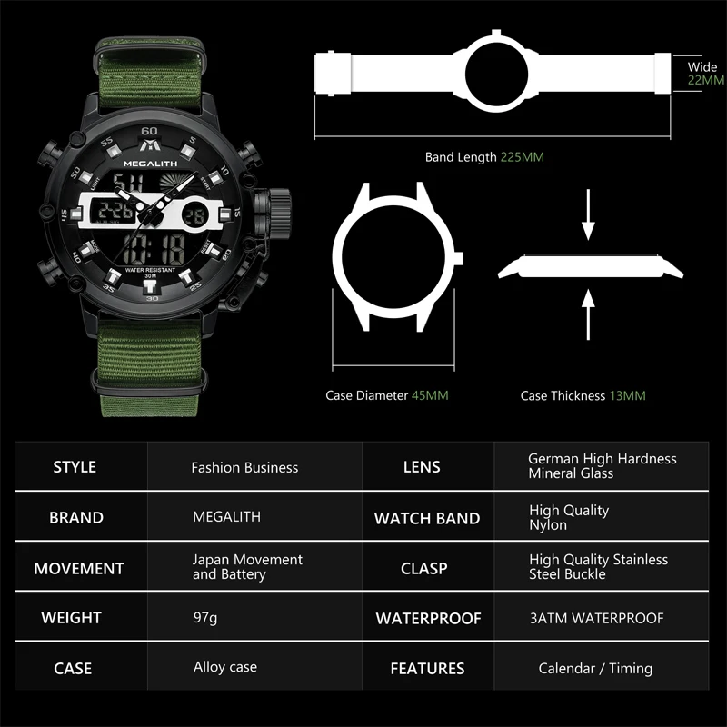 Najtaniej MEGALITH moda mężczyzna zegarka mężczyzna świecenia wodoodporny zegarek kwarcowy mężczyźni Top marka luksusowe zegarki sportowe LED zegar cyfrowy Relogio Masculino