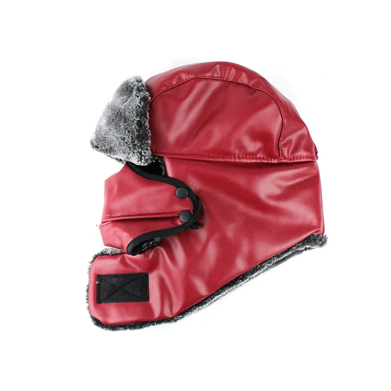[FLB] шапки-бомберы, русская ушанка, винтажная шапка из искусственной кожи, шапка-ушанка для мужчин и женщин, Зимняя Теплая Лыжная шапка с маской F18065 - Цвет: Red