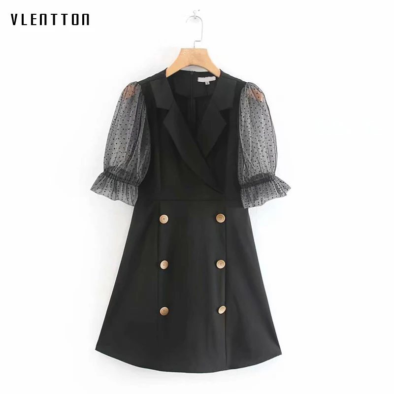 

Summer Sexy Mesh Puff Sleeve Office Mini Dress Women V-Neck Dot Ruffles A-Line White Elegant Party Dresses Vestidos Robe Femme