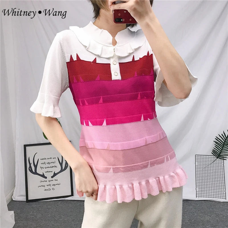 WHITNEY WANG/ Весенняя модная уличная одежда, цвета, контрастные оборки, короткий рукав, свитер для женщин, милые свитера для девочек, джемпер