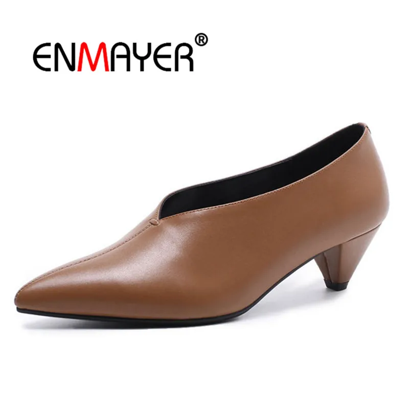 

ENMAYER Leather Women Pumps Med Heels Shoes Woman Summer Pointed Toe Slip-on Size 34-39 Causal Elegant Hoof heels Comfort CR755
