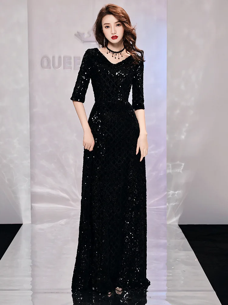 

2019 New Black Sequins Reflective Dress Stylish Slim Sexy High Quality Dress Improved Qipao Wedding Dress Size S-XXL