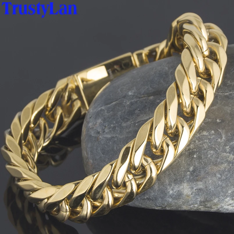 

TrustyLan Luxury Golden Gold Color Chunky Chain Man Bracelet Miami Cuban Curb Chain Mens Bracelets For Men Indian Jewelry Gifts