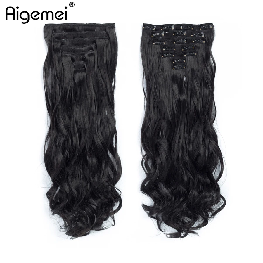 

Aigemei 20inch 155g Long Curly 20 Clips in False Hair Styling Synthetic Hair Extensions Hairpiece 7pcs/set Soft Natrual Black