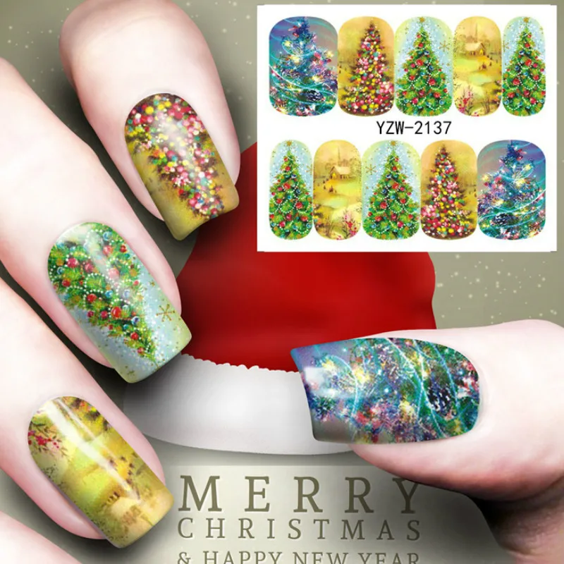 1 Pcs Christmas Trees Hristmas Tree Nail Sticker Water Decals Glitter Flower Cat Butterfly woman Art Decoration | Красота и здоровье