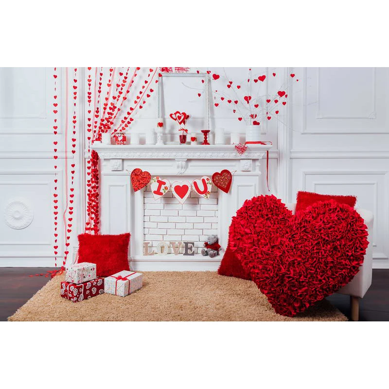 

Indoor White Wall Fireplace Christmas Photo Background Printed Presents Love-Shaped Red Roses Baby Kids Valentines Day Backdrop