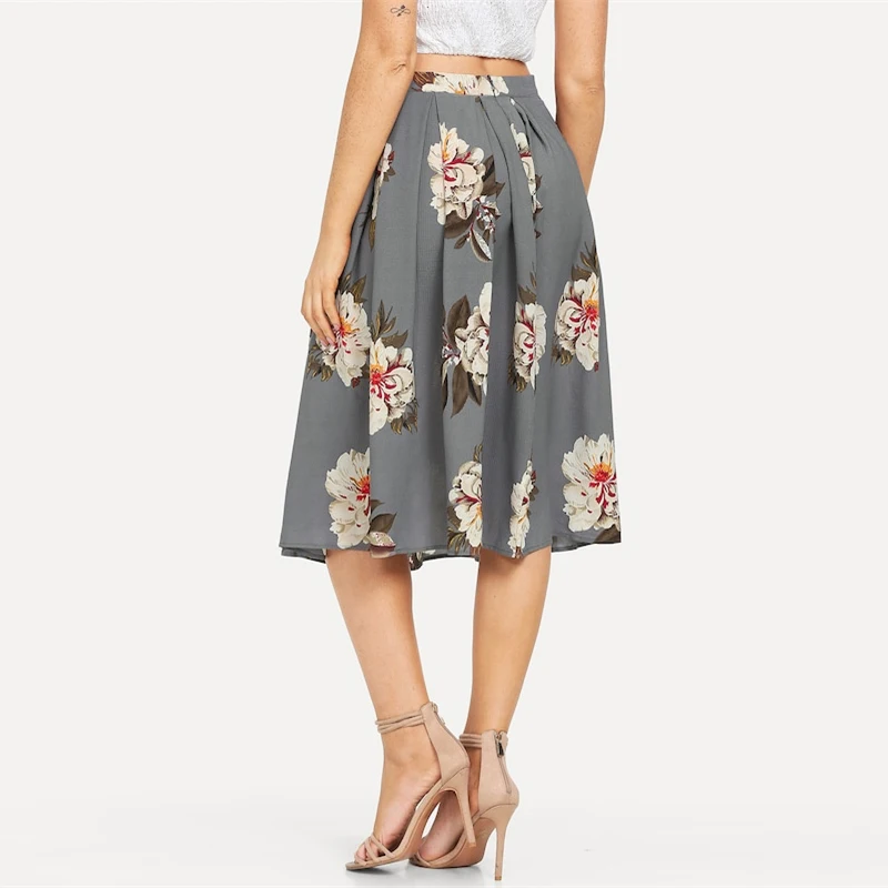 Sheinside серая элегантная юбка миди с цветочным принтом для женщин летняя плиссированная юбка со средней талией на молнии Женская Повседневная трапециевидная юбка