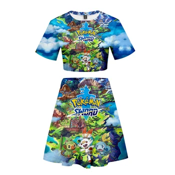 

FADUN TOMMY Pokemon Sword and Shield 3D sexy Kawaii Clothes Printed Two Pieces sets Women summer Dress Sale Casual Stes