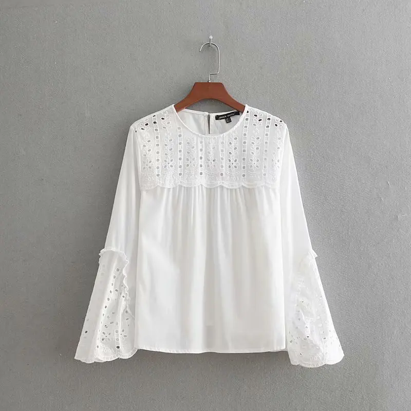

women vintage hollow out embroidery patchwork smock blouse shirt women o neck flare sleeve femininas blusas elegant tops