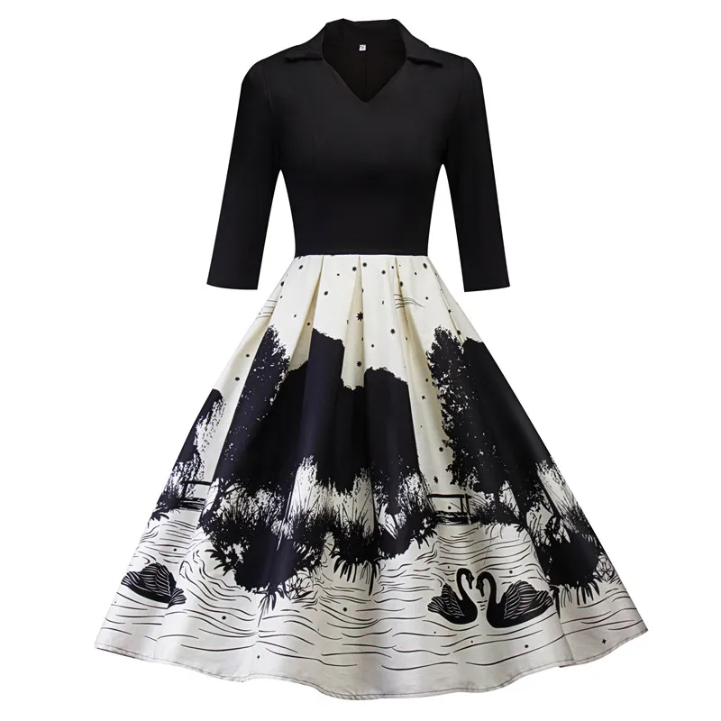 

Fashion women printing half sleeves swan V Neck Vintage Big swing Dress Beach elegant mini Career party Office Dress black