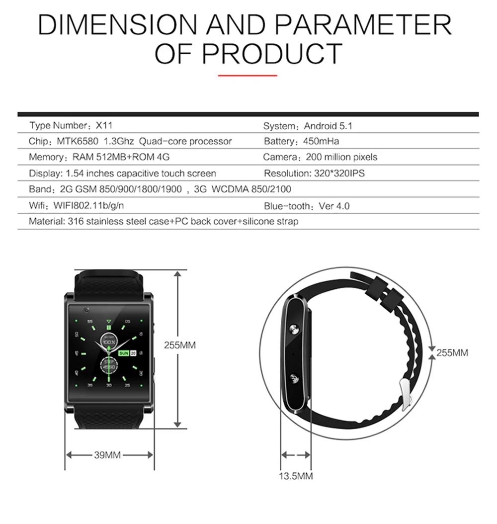 SMARCENT X11 Smartwatch 4 Гб Встроенная память с 2,0 м Смарт-часы с камерой Поддержка 3g WI-FI gps MTK6580 смарт-Браслет фитнес-трекер Android 5,1