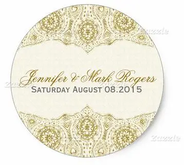 Image 1.5inch Wedding Address Label Gold Lace 2 Beige Damasks Classic Round Sticker